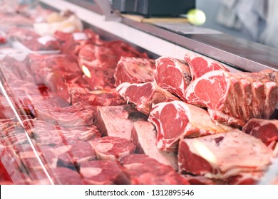 Meat displayed for sale in butcher’s shop