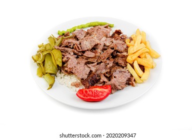 Meat Doner Menu, Iskender Menu On Plate, Turkish Special Meat Doner, Food, Special Menu, On White Background