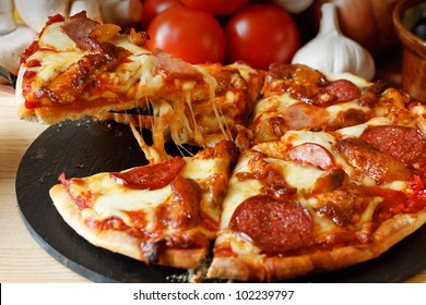 Meat Feast Barbecue Pizza With A Topping Of Pepperoni, Sausage, Salami And Chicken Wings