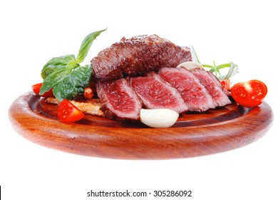 Meat Food : Grill Beef On Potato Chips With Fresh Tomato And Hot Green Peppers On Wood Plate Isolated On White Background