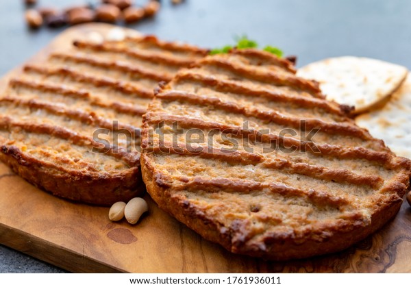 Meat free grilled vegan steakes, healthy food concept\
close up