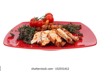 Meat Grilled Chicken Fillet With Salad And Tomatoes On Red Plate Isolated Over White Background