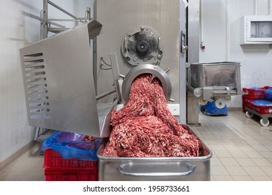 The Meat In The Grinder. The Meat Industry. Minced Meat Being Extruded From An Industrial Mincing Machine.