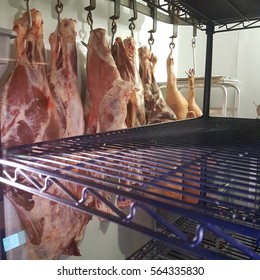 Meat Hanging In A Cold Locker