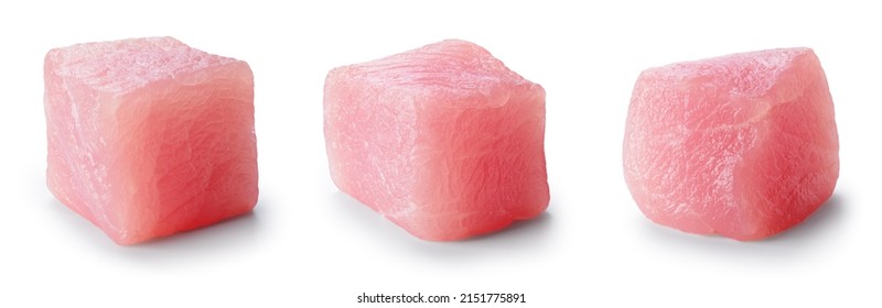 Meat Isolated. Raw Fresh Meat Cube On White Background. Pork Raw Meat. Meat Cubes With Clipping Path. 