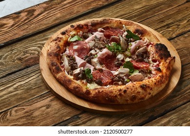 Meat Italian Pizza With Roast Beef, Steak Slices, Melted Cheese, With Olive Slices And Cheddar Cheese. Close Up, Macro. Pizza Time Concept.