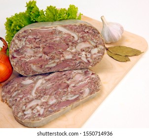Meat meal with different parts head cheese brawn meal appetizer. Brawn. Cold meat on a white background