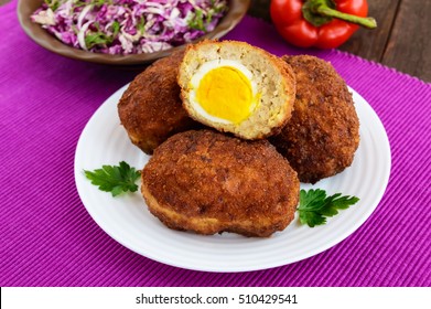 Meat Mini-rolls (cutlet) With Boiled Egg. Close Up