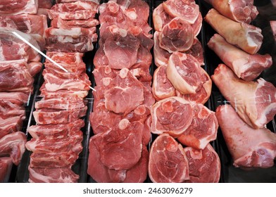 Meat on the counter. Selection of raw meat, beef, piece of pork, cutlets, minced meat. BBQ selection at the deli. Shashlik, meat tenderloin, fillet, proteins,                                - Powered by Shutterstock