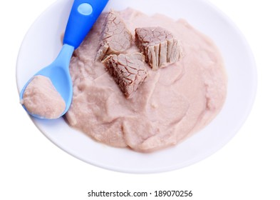 Meat Paste For Infant Feeding, On Plate, Isolated On White