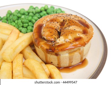 Meat Pie With Chips, Peas And Gravy