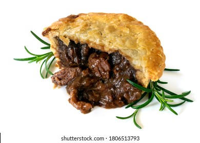 Meat Pie With Rosemary, Cut, Isolated On White Background.