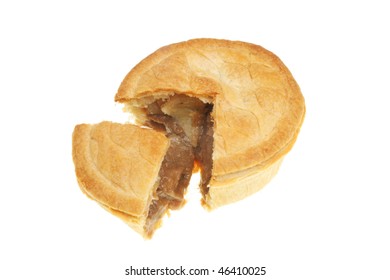 Meat Pie With A Slice Cut Out Isolated On White