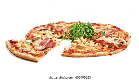 Meat Pizza With Slice Isolated On White Background