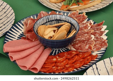 Meat platter, charcuterie, cold cuts, deli meats, sliced meats, gourmet platter, appetizer, antipasto, ham, salami, prosciutto, sausages, cured meats, party platter, finger food, food presentation, go - Powered by Shutterstock