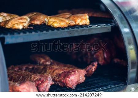 Meat prepared in barbecue smoker for competition.