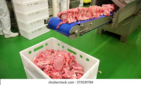 Meat Processing Plant. Raw Meat Cuts On A Industrial Conveyor Belt. 
Fresh Raw Pork Chops In Meat Factory. Industrial Food Processing Machine Cutting Pork Chops.  
Meat Processing In Food Industry.