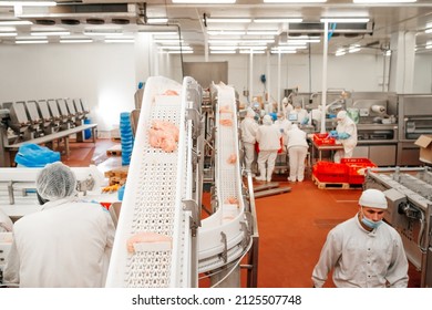 Meat Processing Plant.Industrial Equipment At A Meat Factory.Modern Poultry Processing Plant.People Working At A Chicken Factory - Stock Photo.Automated Production Line In Modern Food Factory.