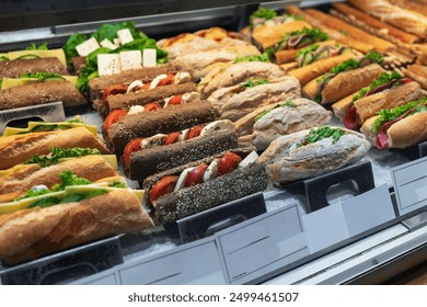 meat sandwiches and vegan sandwiches on display at a coffee shop, Street food. fast food. display case with pastries and sandwiches - Powered by Shutterstock