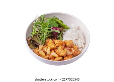 Meat In Sauce With Pineapple, Rice, Arugula, Endive, Salad, Parsley In A Plate On A White Plate