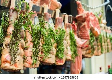 Meat And Sausages In A Butcher Shop. Stand. Showcase With Meat In Small Local Store. UK Food Supermarket.