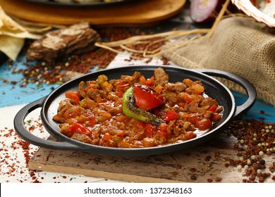 Meat saute in traditional pan - Sac kavurma, Turkish Food - Shutterstock ID 1372348163