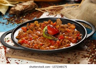 Meat saute in traditional pan - Sac kavurma, Turkish Food - Shutterstock ID 1372348175