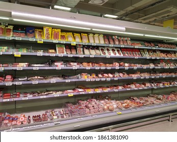 Meat Section With Sausages And Cuts In Grocery Store Kazan Russia November 2020