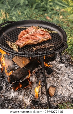 meat steak. Fresh raw Prime Black Angus beef steak cooking on flaming grill with smoke,