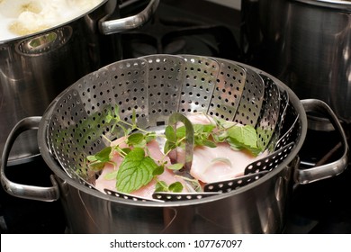 Meat Steam Cooking In Stainless Pot