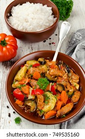 Meat stew with eggplant, carrots, onions, peppers and zucchini. Healthy and low calorie food