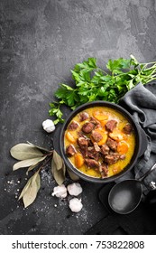 Meat Stew, Goulash In A Cast Iron Pot, Top View