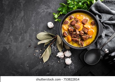 Meat Stew, Goulash In A Cast Iron Pot, Top View