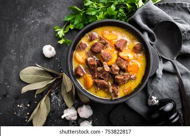 Meat Stew, Goulash In A Cast Iron Pot, Top View