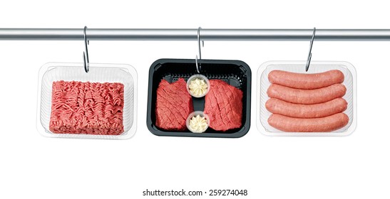 Meat In Tray On Meat Hook