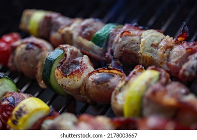 Meat And Vegetable Kabob Skewers On The BBQ Grill