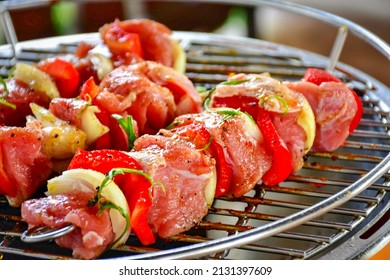 Meat And Vegetable Kabobs On The BBQ, Close Up 