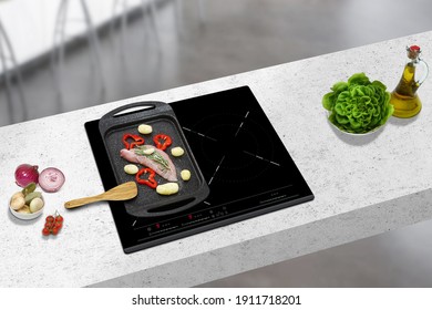 Meat and Vegetables cooked on an induction cooker hood