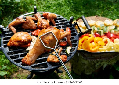 Meat And Vegetables During Grilling. Assorted Types Of Chicken