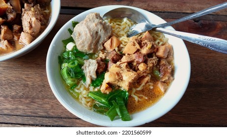 Meatball Chicken Noodle Or Mie Ayam Bakso In A Bowl, Indonesian Food.