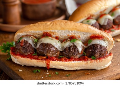 Meatball Sandwich With Tomato Sauce And Cheese On A Hoagie Roll