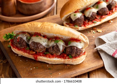 Meatball Sandwich With Tomato Sauce And Cheese On A Hoagie Roll