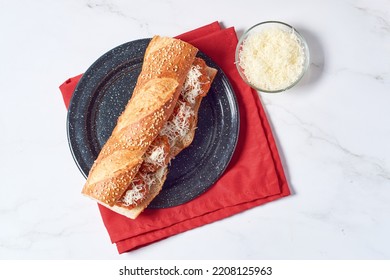 Meatball Sandwich With Tomato Sauce And Cheese On A Hoagie Roll