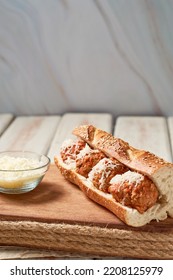 Meatball Sandwich With Tomato Sauce And Cheese On A Hoagie Roll