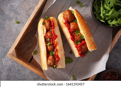 Meatball Sub Sandwich With Cheese And Marinara Tomato Sauce. American Italian Fast Food