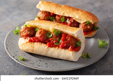 Meatball Sub Sandwich With Cheese And Marinara Tomato Sauce. American Italian Fast Food