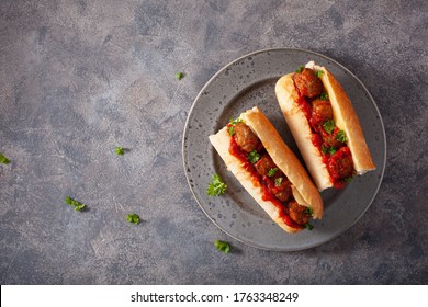 Meatball Sub Sandwich With Cheese And Marinara Tomato Sauce. American Italian Fast Food