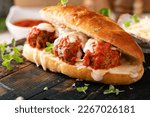 Meatball sub sandwich with marinara and mozzarella and fresh herbs