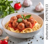Meatballs With Pasta Served - Tomate Sauced Meatball Spaghetti Serving 