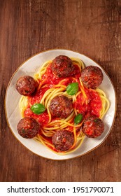 Meatballs With Spaghetti, Tomato Sauce, And Basil, Overhead Shot